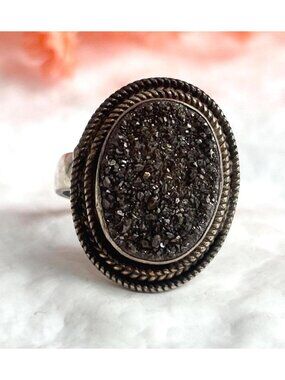 Black Druzy Quartz Oval Cut Southwest Style Sterling Silver 925 Vintage Ring
